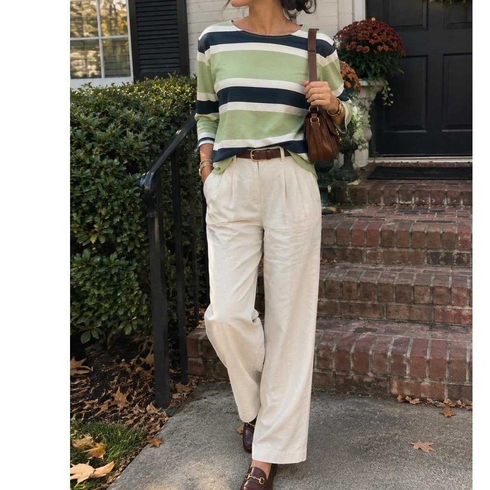 Liz Claiborne Striped Boat Neck Knit Top Large L 100% Cotton Sage Green.
